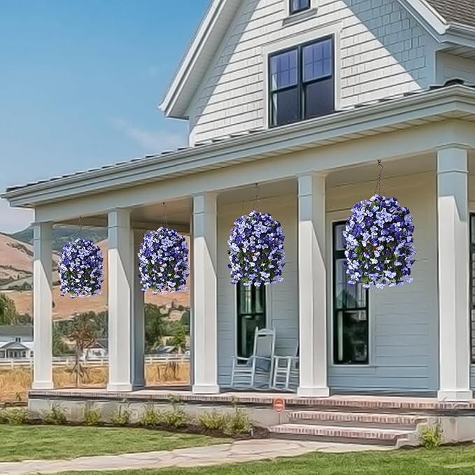 INQCMY Artificial Hanging Flowers Basket for Outdoors Spring Summer Decoration,Faux Silk Begonia in Planter Look Real UV Resistant for Outside Home Porch Patio Garden Balcony Yard Decor（Deep Blue）
