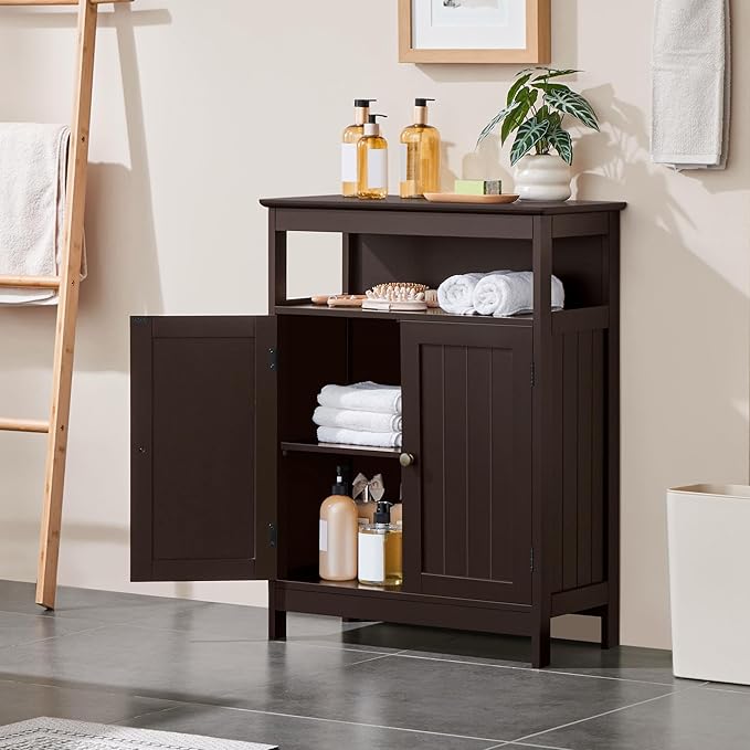 Yaheetech Bathroom Floor Storage Cabinet, Wooden Free Standing Storage Organizer with 2 Doors & Adjustable Shelf for Living Room, Hallway, Espresso