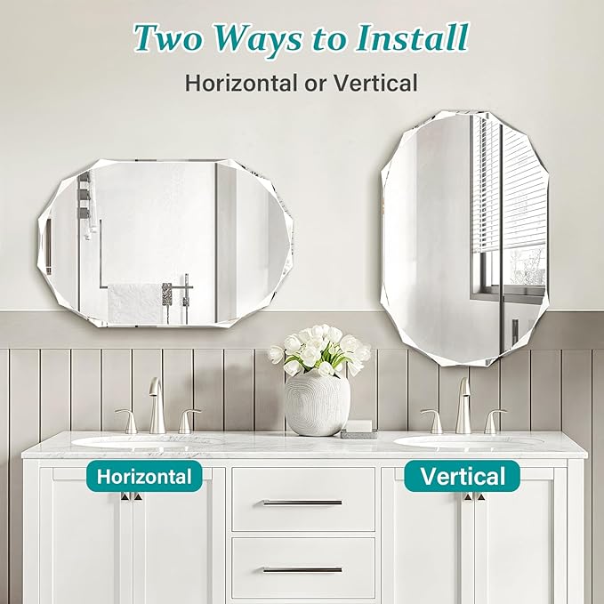 Pregaspor Single Beveled Edge Bathroom Vanity Mirror, 23.6" x 35.4" Oval Wall Mirror, Shatterproof Frameless Mirror for Over Sink, Restroom
