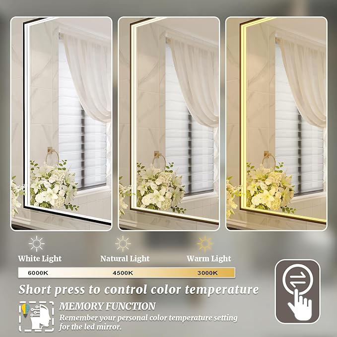 32x32 Inch LED Bathroom Mirror, Black Metal Framed Lighted Mirror for Bathroom, Wall Mouted LED Vanity Mirror with Lights, 3 Colors and Stepless Dimmable, Anti-Fog, Memory