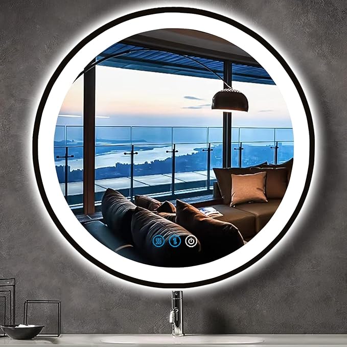Black Frame Round LED Bathroom Mirror with Lights for Bathroom Wall Black Lighted Vanity Mirrors 24 Inch 3 Color Dimmable Circle Smart Bathroom LED Wall Mirrors Anti Fog Makeup LED Mirrors