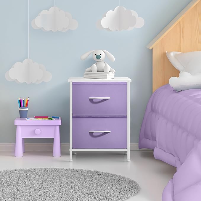 Sorbus Nightstand with 2 Drawers - Kids Bedside Furniture End Table Night Stand - Steel Frame, Wood Top & Easy Pull Fabric Bins - Dresser & Chest for Home, Bedroom Accessories, Office & College Dorm