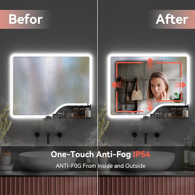 32"x 24" LED Bathroom Mirror with Shelf, 3 Colors Backlit Vanity Mirror with Lights, Wall-Mounted Bathroom Mirror with Lights, Smart Mirror with Anti-Fog, Stepless Dimmable, Memory (UL, ETL)