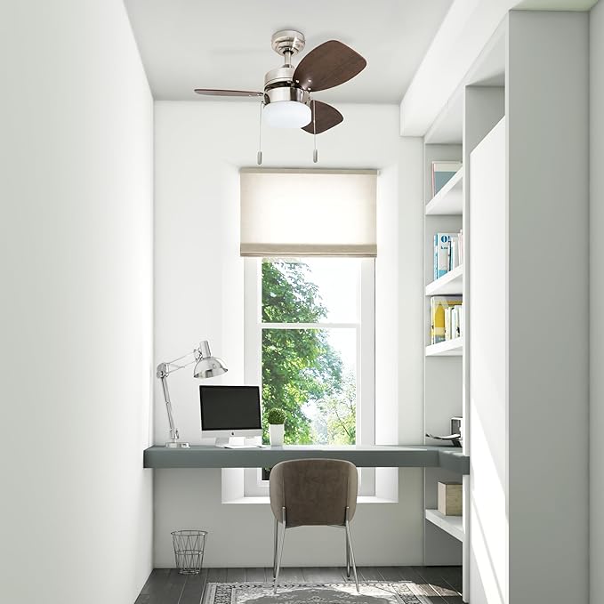 Honeywell Ceiling Fans Ocean Breeze Modern 30 Inch Ceiling Fan with Light, Pull Chain LED Indoor Fan with 3 Blades, Satin Nickel and Light Oak Blade Finish Options, Brushed Nickel (50601-01)