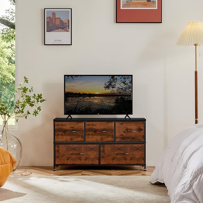 OLIXIS Dresser for Bedroom, 5 Storage Fabric Drawers, Metal Frame and Wooden Top, Tall Storage Drawer Dresser for Closet with Easy Pull Handles for Living Room, Entryway, Small Space