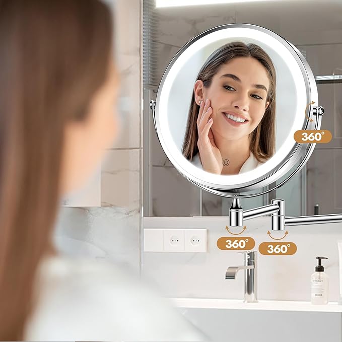 FASCINATE Rechargeable Wall Mounted Makeup Mirror with Lights and Magnification, 8 Inch Double Sided 1X 10X Magnifying Bathroom Mirror with 3 Color Lights & 360° Rotation Vanity Mirror - Chrome
