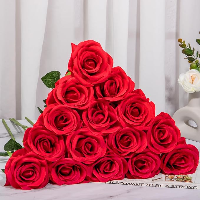 Ouddy Decor 50 Pcs Artificial Red Roses Bulk Realistic Fake Silk Flowers with Long Stems for Wedding Bridal Bouquet DIY Table Centerpieces Arrangement Valentines Home Decor