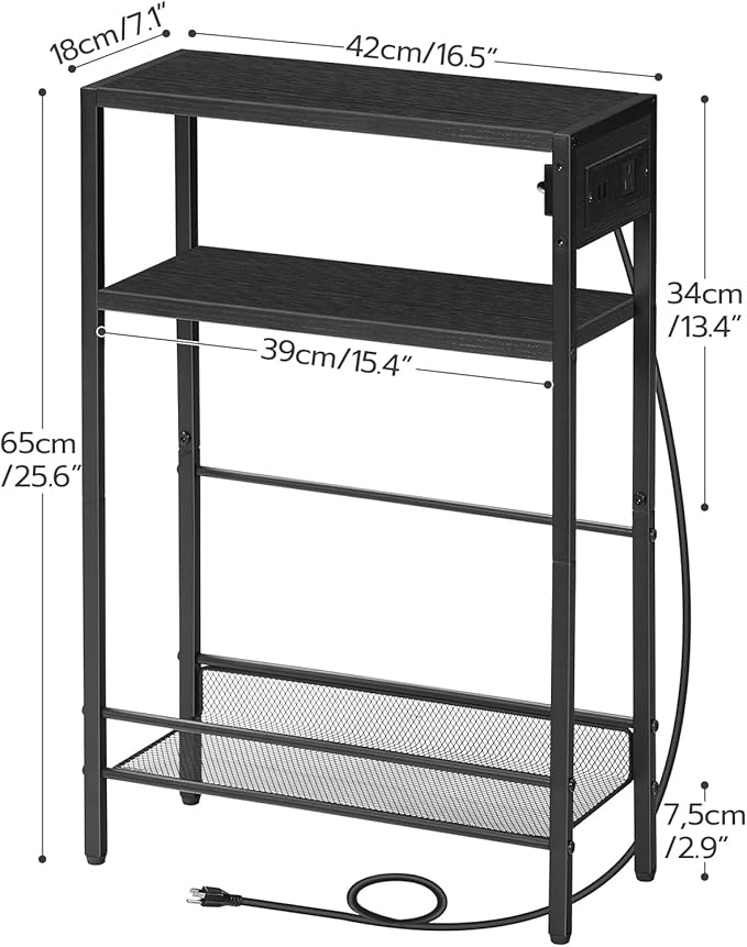 HOOBRO Small Narrow Side Table with Charging Station, Skinny End Table for Small Spaces, Slim Nightstand with USB Ports Outlet, Sofa Beside Table with Storage Shelf, Black BB102UBZ01