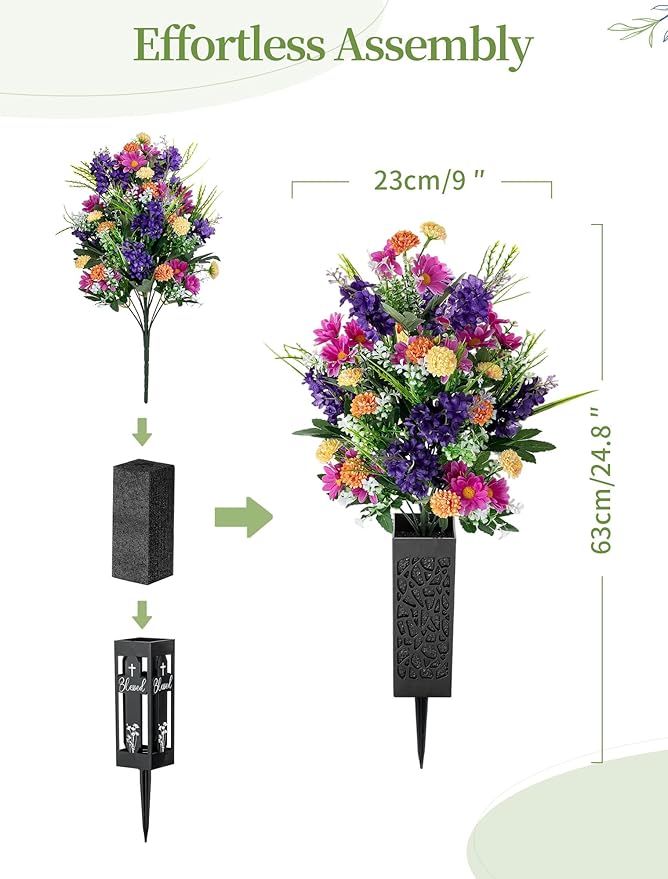 Artificial Cemetery Flowers for Grave: Memorial Day Flowers for Cemetery - Outdoor Grave Decorations - 2 Pcs Purple Violet Mums Bouquets with Vases