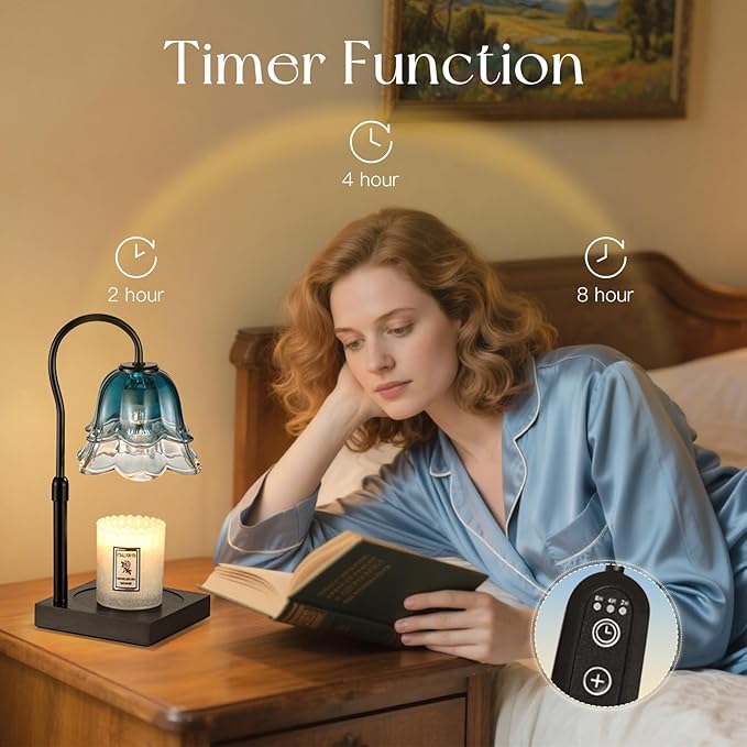 Candle Warmer Lamp with Timer: Navy Blue Flower Candle Warming Lamp with 2 Bulbs Height Adjustable Wax Warmer Dimmable Bedroom Decor Birthday Gift for Women