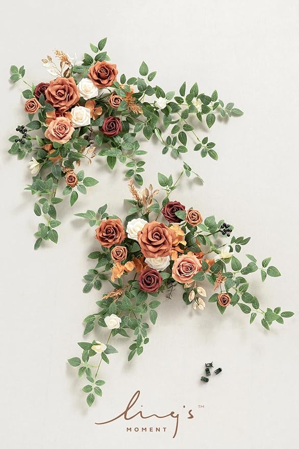 Ling's Moment 2pcs Wedding Flowers Garland Artificial Floral Swag Arch Decorations Rose Greenery Arrangements Sunset Terracotta Ceremony Reception Garden Easel Wall Entryway Outdoor (NOT Include Sign)