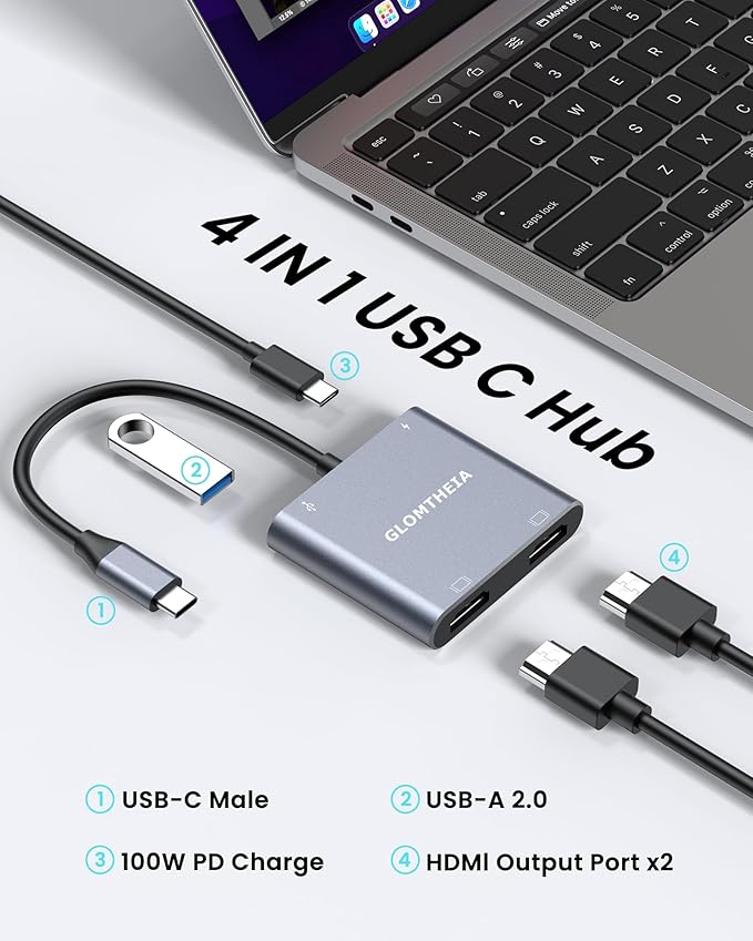 USB C to Dual HDMI Adapter, 4K@60Hz Dual Monitor HDMI Splitter for Extended Display, 100W PD, USB-A Port, Windows Enables 3-Screen Multi-Display, macOS Supports Mirror Mode Only