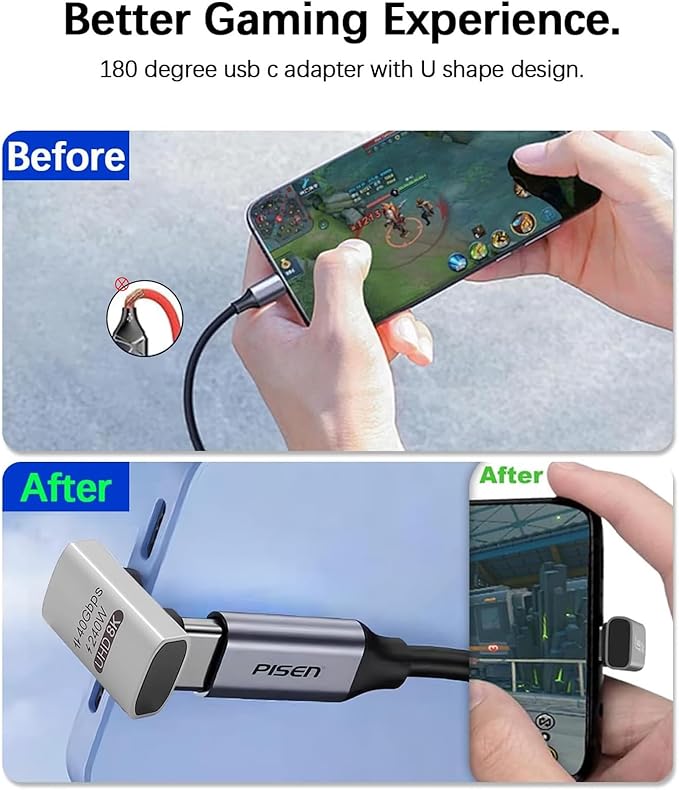 Duttek 240W USB C 180 Degree Adapter (40Gbps Data, 8K@60Hz Video) U Shape Type C Male to Male Adapter, USB C Angle for Thunderbolt 4/3, Switch, Laptop, Tablet, iPhone 16 15 2Pack