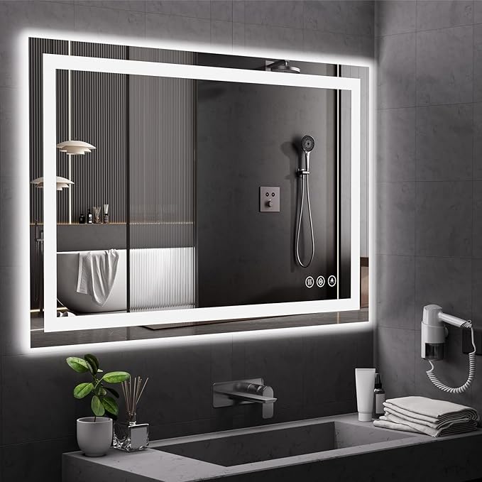 Koonmi 36x55 LED Bathroom Mirror, Backlit + Front Lit, LED Bathroom Mirror with Lights for Wall, 3 Colors, Anti-Fog, Dimmable Brightness, Memory Function, Tempered Glass