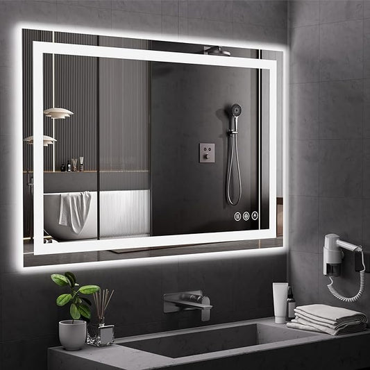 Koonmi 30x55 LED Bathroom Mirror, Backlit + Front Lit, LED Bathroom Mirror with Lights for Wall, 3 Colors, Anti-Fog, Dimmable Brightness, Tempered Glass