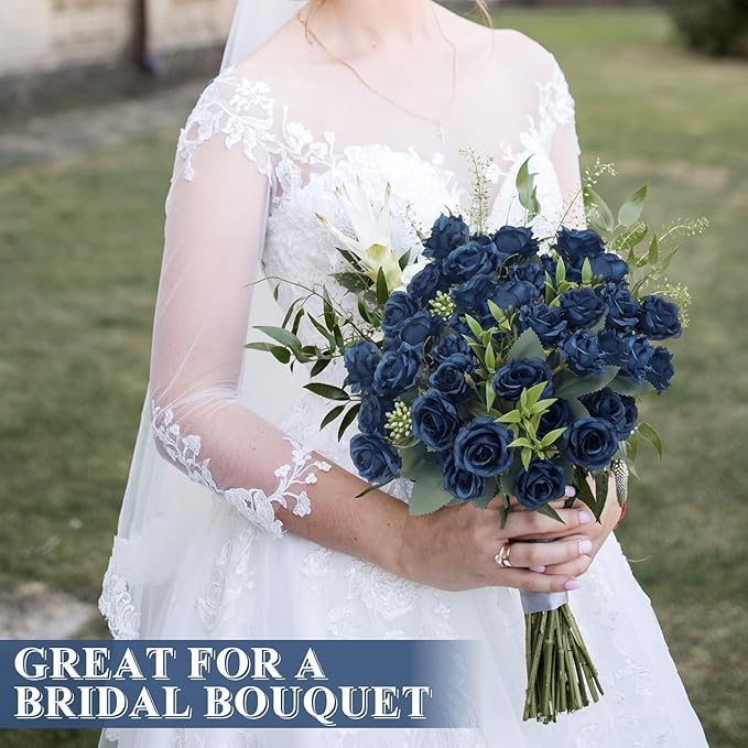 Zeyune 8 Pack 12 Inch Wedding Bouquets for Bride Bridesmaid Dark Blue Artificial Rose Bouquet Fake Silk Roses Flowers Bunches Bulk for Home Office Garden Parties Decoration