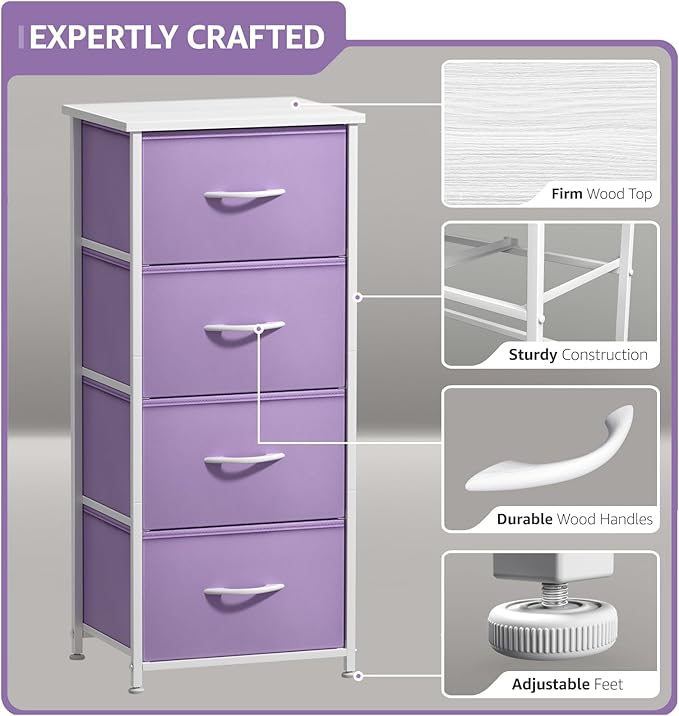 Sorbus Dresser Storage Tower, Organizer Drawers for Closet Boys & Girls Bedroom, Bedside Furniture, Chest for Home, College Dorm, Steel Frame, Wood Top, Fabric Bins (Purple)
