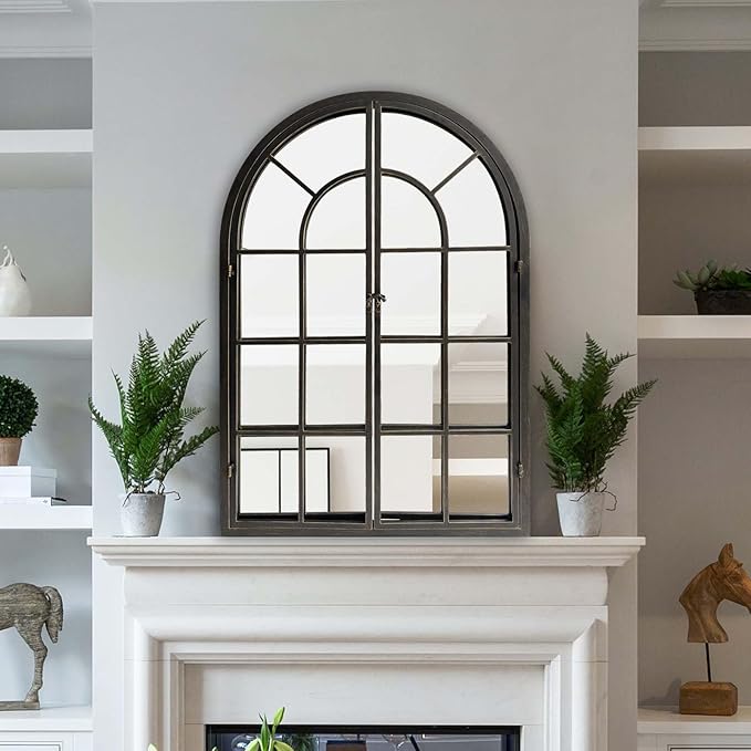 ironsmithn Arched Window Mirror, 36"x24" Grid Mirrors, Windowpane Mirror, Black Metal Arch Mirrors for Decor Living Room Fireplace Entryway Bedroom Hallway
