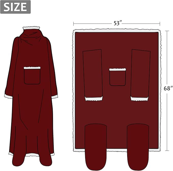 Catalonia Sherpa Wearable Blanket with Sleeves & Foot Pockets for Adult Women Men, Comfy Snuggly Wrap Sleeved Throw Blanket Robe, Gift Idea, Wine