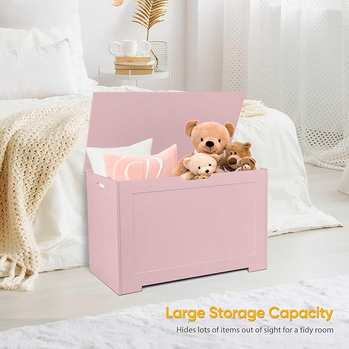 Wooden Storage Chest Box with Flip-top Lid & Safety Hinge, Living Room Organizer, Bedroom Bench with 100L Storing Area, Pink