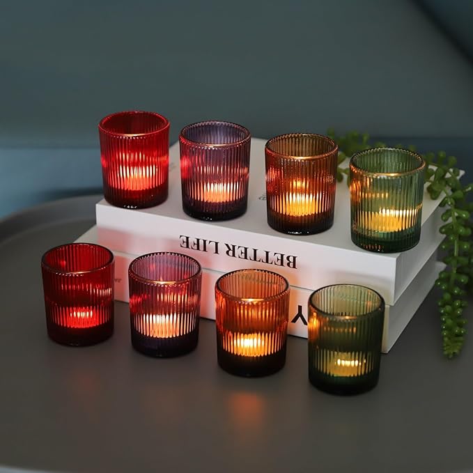 VOHO 4 Colors Ribbed Votive Candle Holders for Fall Decor, Set of 12 Tealight Candle Holder Easter/Halloween/Thanksgiving Decorations, Christmas Tea Light Candle Holder Glass Dining Table Centerpiece