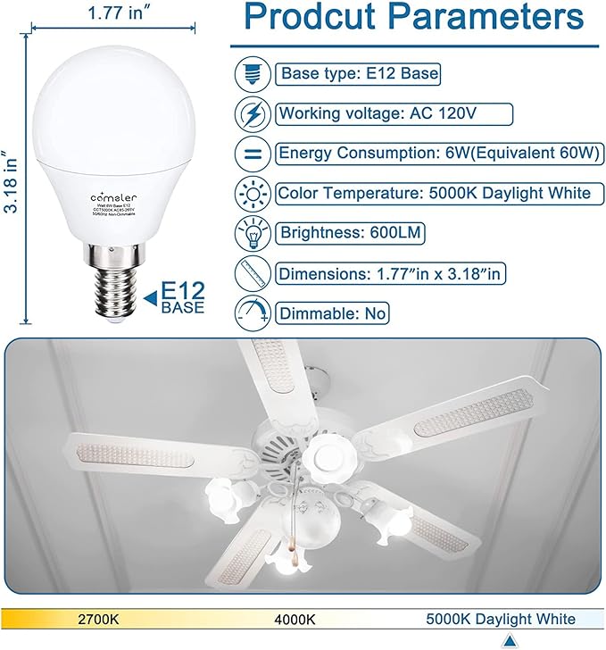 comzler Ceiling Fan Light Bulbs Candelabra LED Bulbs - 60 watt Equivalent, 5000K Daylight White Candelabra E12 Base A15 Small Light Bulbs,600lm,Non-Dimmable, Pack of 6