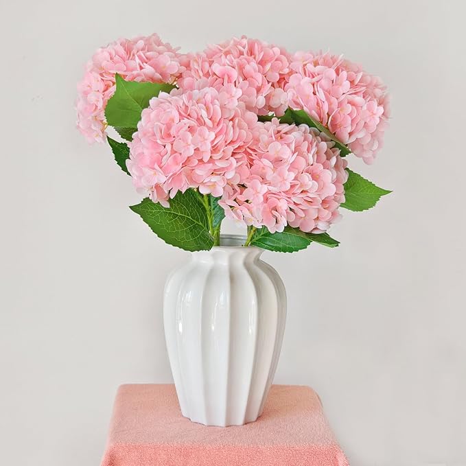 Real Touch Pink Hydrangea Artificial Flowers with Stems, Fake Silk Flowers for Outdoors, 3 Pcs Artificial Flowers for Home Decor Wedding Bouquets Centerpieces Vase