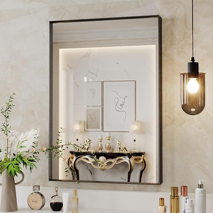 Suidia Bathroom Mirror, 24" x 36" Wall Mirror Metal Framed, Bathroom Vanity Mirror for Living Room Bedroom Bathroom Entryway, Black, Rect Corner Style