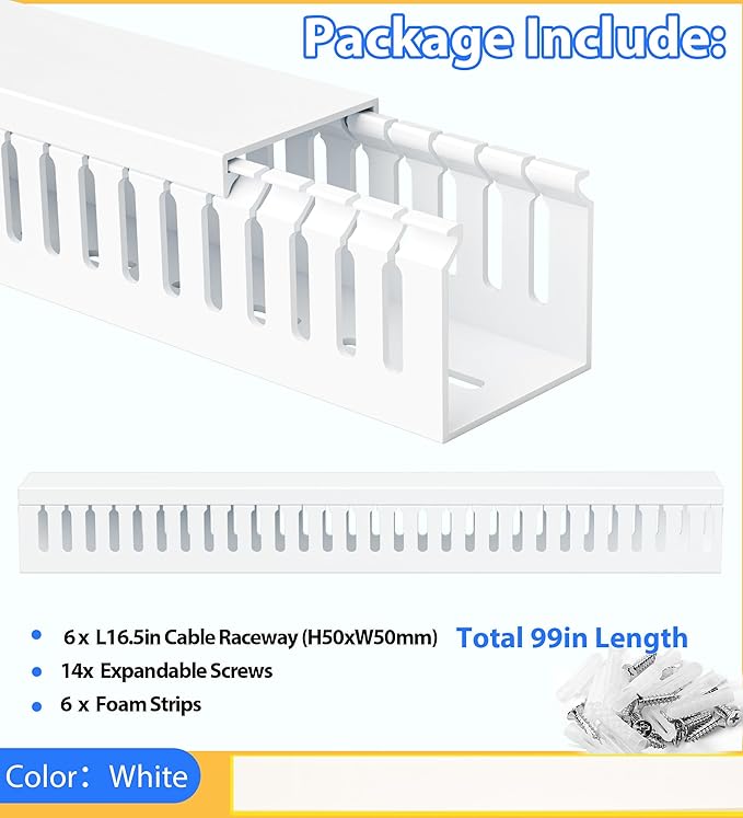 ZhiYo 2 x 2in Professional Server Rack Cable Management Raceway, 99in (6X L16.5in) Cable Raceway Kit, Electrically Safe PVC Open Slot Wire Raceway for Under Desk/Computer/Network Cords, White