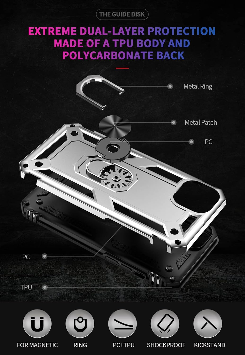 Military Grade Drop Impact Case for iPhone 14 Plus, 360 Metal Rotating Ring Kickstand Holder Armor Heavy Duty