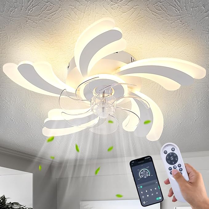 Ceiling Fan with Lights Remote Control, White Flower Ceiling Fan with Light, 3 Light Color 6 Speeds Low Profile Flush Mount Ceiling Fan for Kitchen Bedroom Living Room