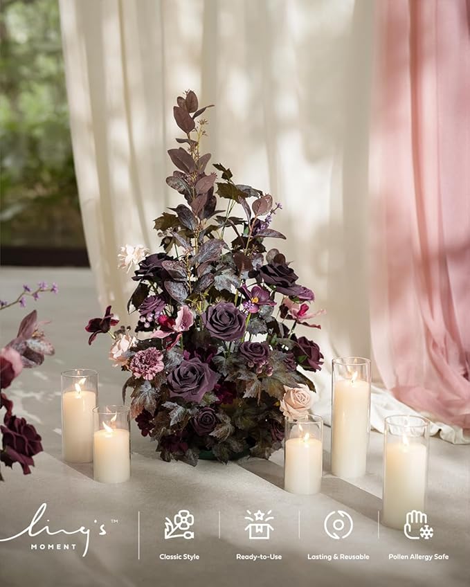 Ling's moment 41" Tall Fall Free Standing Artificial Flowers Arrangements 2pcs Wedding Aisle Runner Chair Decoration Fake deep Plum for Arch Entryway Ceremony Reception Church Rose Floral Party