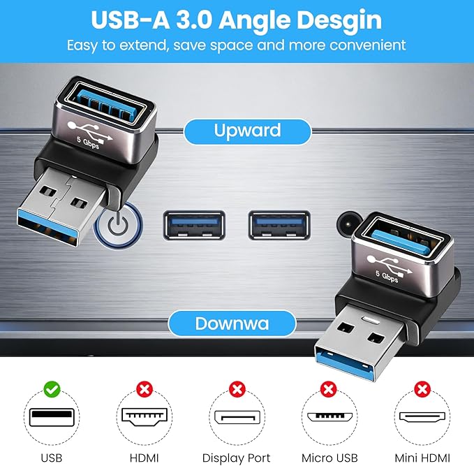 90 Degree USB 3.0 Adapter, Right Angle USB A Male to Female, 2-Pack on to go (OTG), 5Gbps Data Sync, Black, for PC, Laptop, Mouse, Keyboard