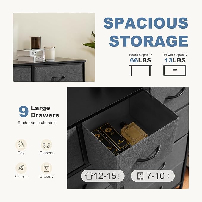 DUMOS Dresser for Bedroom, Dressers & Chests of Drawers Dresser Organizer, Wood Top Table Furniture with 9 Fabric Storage Tower Unit, Chest of Drawers for Closet, Living Room, Hallway, Porch