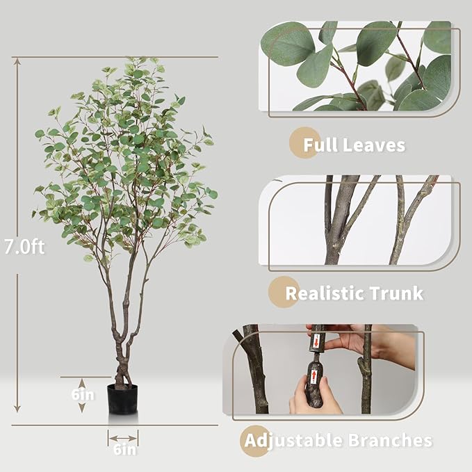 Faux Eucalyptus Tree 7ft(84in) Tall Artificial Plant Indoor Decor Handmade Natural Fake Eucalyptus Tree for Wedding Realistic Lifelike Leaves in Pot for Home Living Room,Office,Outdoor Decor.