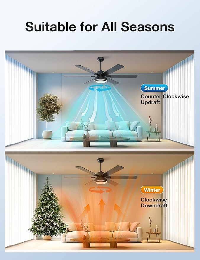 warmiplanet Ceiling Fans with Lights and Remote Control, 62 Inch, 6 Speeds Reversible DC Motor, 3 Color Dimmable Light, Timer, Noiseless, Black, 6 Blades
