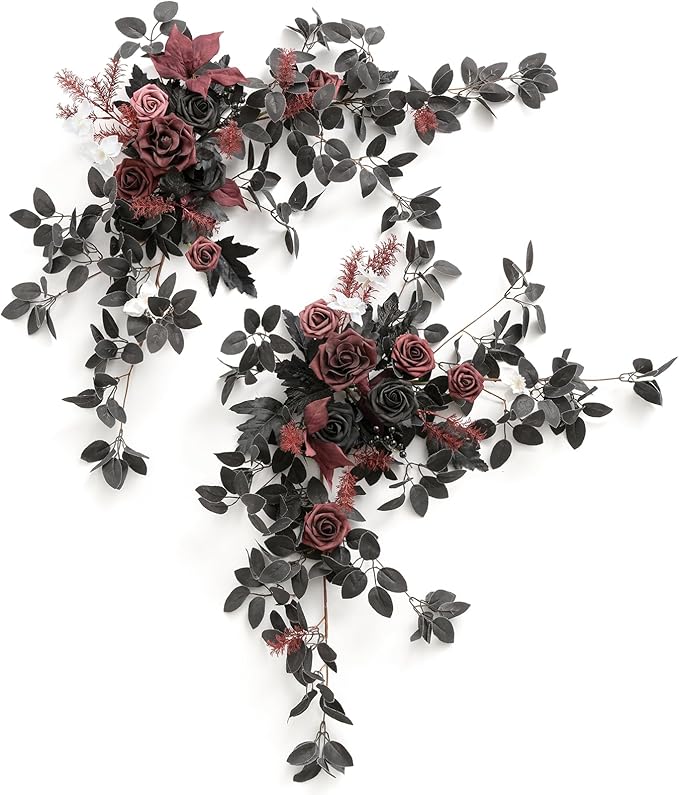 Ling's moment 2PCS Black Artificial Floral Swags Arch Flowers Burgundy Wedding Rose Garland Greenery Arrangements Centerpieces for Sweetheart Table Decor Wall Window Garden Decor Maroon Gothic