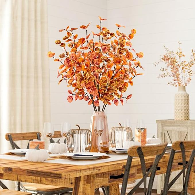 12pcs Artificial Eucalyptus Leaves Stems 30" Faux Fall Leaf Spray Plants Branches Autumn Decorations for Home Floral Arrangements Farmhouse Table Centerpiece Thanksgiving Decor