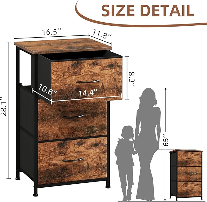 Somdot Dresser for Bedroom with 3 Drawers, Storage Organizer Chest of Drawers with Removable Fabric Bins for Closet Bedside Living Room Laundry Entryway Hallway, Wood Grain Print