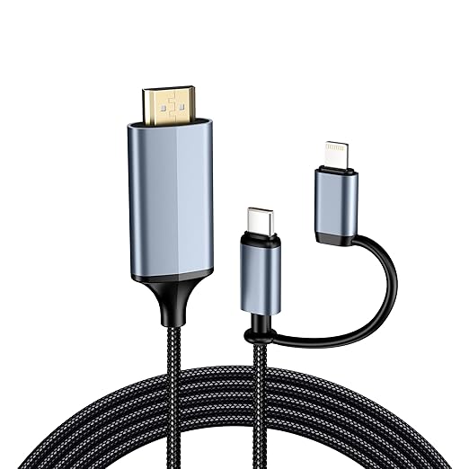6FT 2-in-1 Lightning• Type C to HDMI Cable•Dual Interface HDMI Cable for iPhone 16/15/14/Pro/Max & iPad Pro/Air,Syncs Video & Audio（Not Support Android & Streaming Netflix