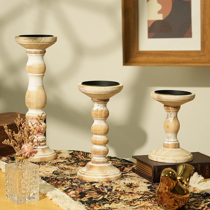 Wood Pillar Candle Holder: 3Pcs Rustic Candle Holders for Pillar Candles Wood Candle Holders Distressed Wooden Farmhouse Large Candle Holder for Fireplace Table (White, 6", 8", 12")