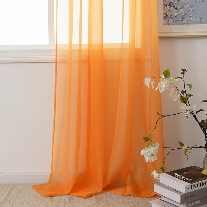 HUTO Orange Sheer Curtains 84 inches Long for Bedroom Top Rod Pocket Sheer Window Panels Curtains for Nursery Living Room 52 by 84 Inch Length Set of 2