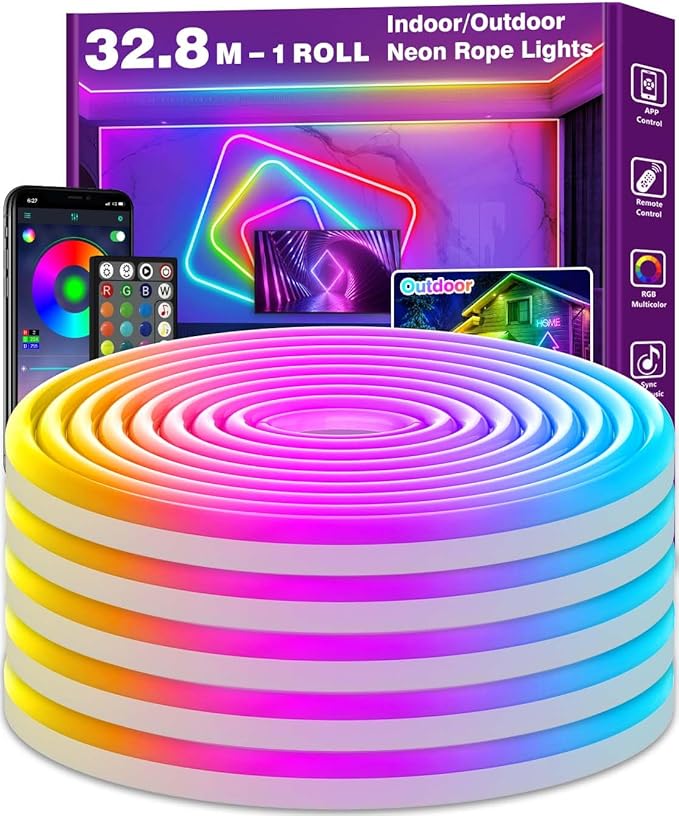 AILBTON 32.8Ft Neon Rope Lights,Flexible Led Rope Lights Control with App/Remote,Multiple Modes Rope Lights,IP65 Outdoor RGB Led Neons Lights,Music Sync Gaming Led Neon Light Strip for Bedroom Decor
