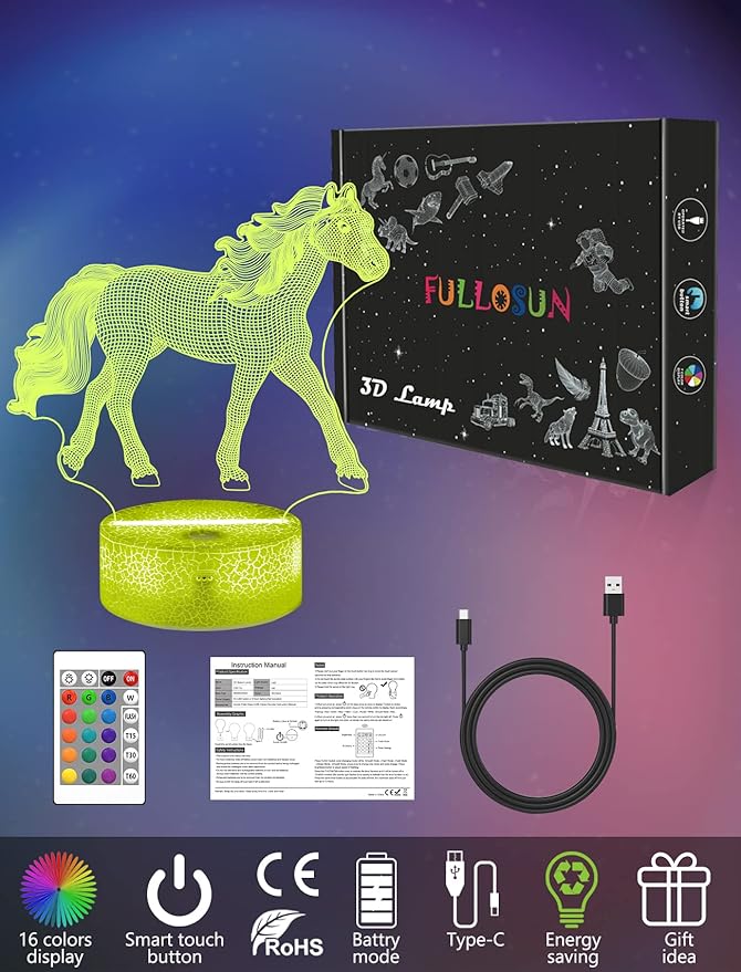 FULLOSUN Horse Gifts for Girl, Horse 3D Night Lights for Kids Illusion Lamp 16 Colors Changing with Remote Birthday Gifts for Child Baby Boy and Girl