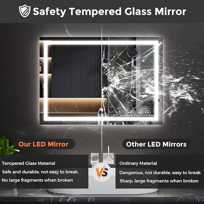Koonmi 20x28 LED Bathroom Mirror, Backlit + Front Lit, LED Bathroom Mirror with Lights for Wall, 3 Colors, Anti-Fog, Dimmable Brightness, Memory Function, Tempered Glass
