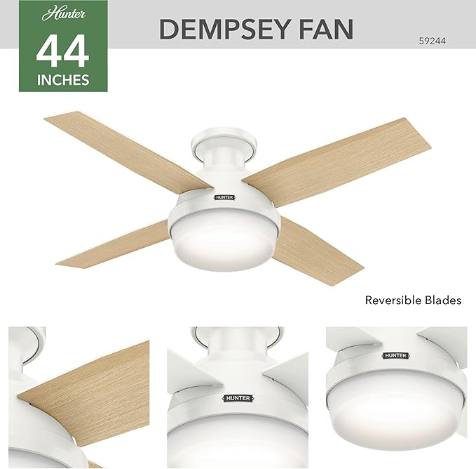 Hunter 44 inch Indoor Ceiling Fan with LED Light and Remote Control - White Modern Ceiling Fan, Low Profile Mount, 4 Blades, For Bedroom, Living Room, or Kitchen, Quiet - Dempsey 59244, Fresh White