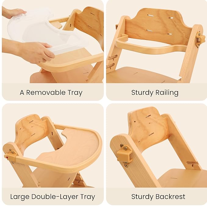 High Chair for Babies and Toddlers, Wooden Highchair with Adjustable Seat & Convertible Footrest Heights, Baby Feeding Chair with Safety Harness & Removable Double Layer Tray