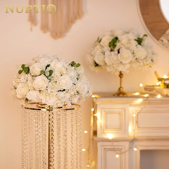 NUPTIO Flower Ball Arrangement Bouquet - 10 Pcs 15.7 inch Diameter White Fake Flowers Roses Balls for Centerpieces Tables - Artificial Rose Arrangements for Wedding Centerpiece Table Decorations