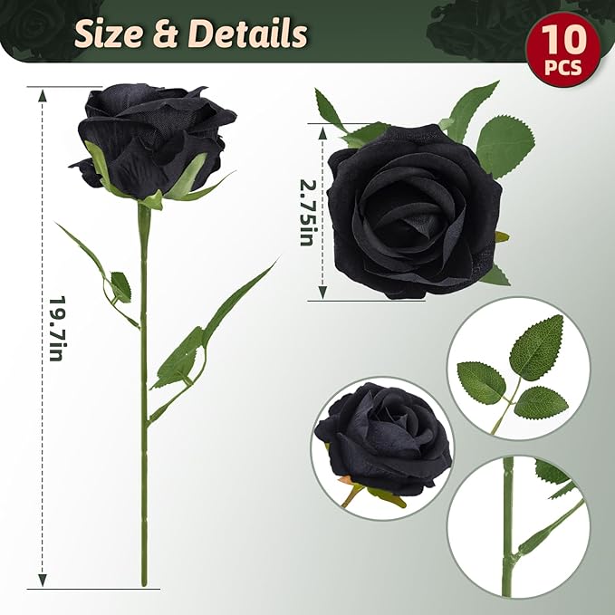 Black Roses Artificial Flowers 10 Pack in Bulk, Black Fake Roses Flowers Realistic Roses for Halloween Gothic Wedding Home Party Decoration Event Gift