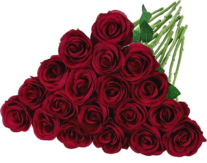 Ouddy Decor 20 Pcs Red Roses Artificial Silk Flowers Fake Roses Bouquet with Long Stems for Valentines Day Decor Wedding Home Party Table Centerpieces Bridal Bouquet DIY Floral Arrangment, Wine Red
